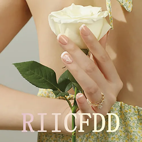 Vista 7 de 24 piezas de uñas postizas largas a presión de verano, uñas postizas de punta francesa, uñas postizas con purpurina rosa, diseños de puntas de uñas
