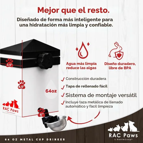 Vista 2 de RentACoop Bebedor de animales pequeños de 64 oz con taza de metal