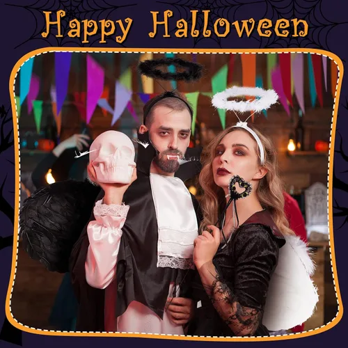 Vista 4 de Juexica 6 piezas de alas de ángel y diadema con varita para niños y adultos alas de plumas unisex disfraces de Halloween disfraces juego de hadas