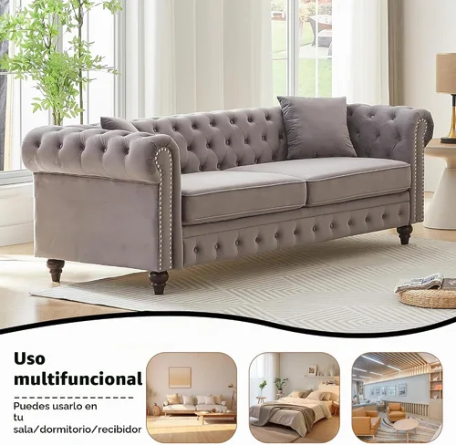 Vista 6 de Sofá Chesterfield de terciopelo grande de 85.5 pulgadas, sofá moderno de 3 plazas con brazos enrollados con diseño de botón y 2 cojines para sala
