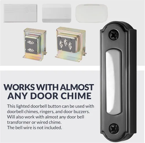 Vista 5 de Newhouse Hardware Botón de timbre de puerta de metal con iluminación LED (negro) Botón de timbre de puerta iluminado de montaje en superficie