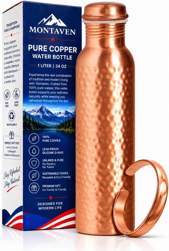 Vista 10 de Botella de agua de cobre 100% puro, 34 onzas, cobre certificado por Liso