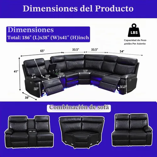 Vista 2 de A Ainehome Sofá modular reclinable eléctrico con LED, juego de sofá modular eléctrico de cuero negro, juego de muebles de sala con carga USB