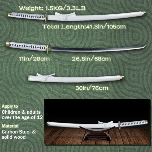 Vista 8 de Adust Espadas Roronoa Zoro de acero al carbono, espada de anime de metal real, disfraz de cosplay de Roronoa Zoro de 41 pulgadas en general, espada