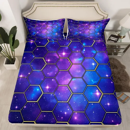 Vista 27 de Manfei Juego de sábanas bajeras de panal de galaxia, tamaño individual, 2 piezas, estampado geométrico hexagonal, funda de cama de cielo estrellado