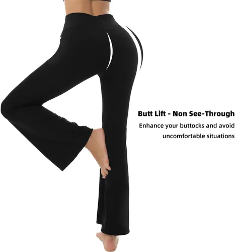 Vista 3 de Leggings acampanados para mujer, pantalones de yoga con bolsillos, para entrenamiento, corte cruzado, con control de abdomen, color negro