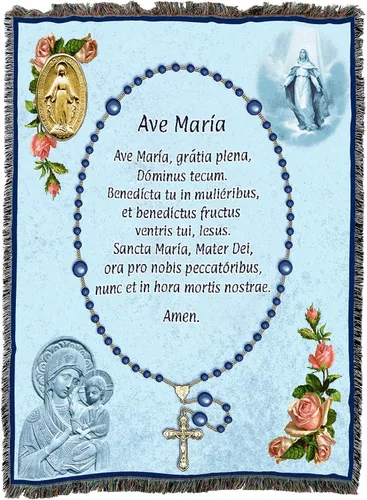Vista 4 de Pure Country Weavers Manta de oración con rosario de Ave María latina, regalo religioso católico, manta tejida de algodón, fabricada en los Estados