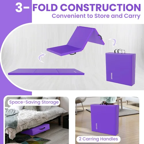 Vista 4 de Fitvids Esterilla de gimnasia plegable para hacer ejercicio, 2 x 6 x 2 pulgadas, con asas de transporte, de alta densidad, antidesgarros, portátil