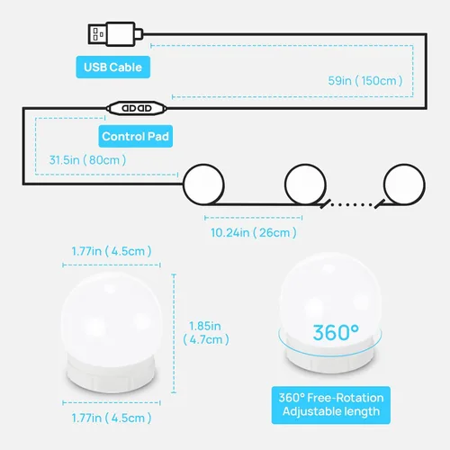 Vista 2 de Luces LED de Tocador para Espejo, Consciot Luces Estilo Hollywood con 14 Bombillas Regulables, Color y Brillo Ajustables, Cable USB, Luces de Espejo