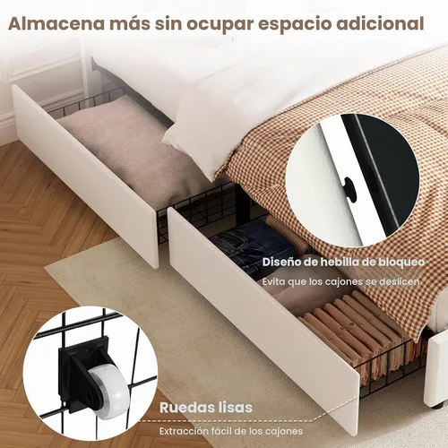 Vista 5 de Base de cama tamaño Queen con 4 cajones de almacenamiento, base de cama tapizada Queen con cabecero, luces LED RGB, base de metal resistente y Blanco