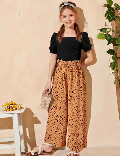 Vista 20 de DONWEN Conjunto de 3 piezas de ropa para niñas pequeñas y niñas con cuello cuadrado + pantalones elegantes + diadema para primavera y verano