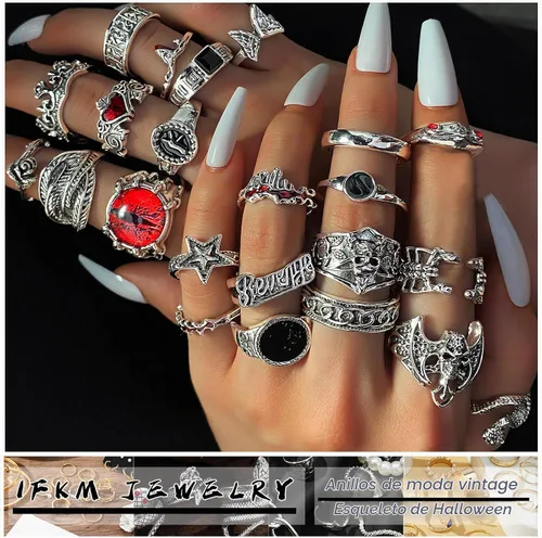 Vista 2 de IFKM Vintage Silver Knuckle Rings Set for Women, Stackable Joint Finger Statement Rings Bohemian Retro Hollow Carved Midi Rings, Boho Halloween