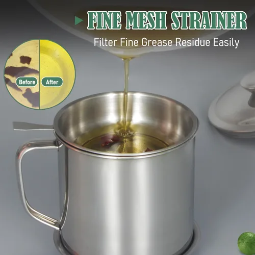 Vista 6 de Tellshun Recipiente de grasa de tocino con colador de 1.25 L / 42 oz fuerte atrapador de cocina de acero inoxidable de grado alimenticio con tapa