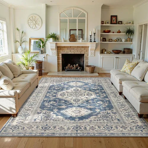 Vista 43 de Lahome Alfombra oriental lavable de área pequeña, 2 x 3 pies, para entrada, cocina, ultra fina, suave, tapete antideslizante para puerta de Azul