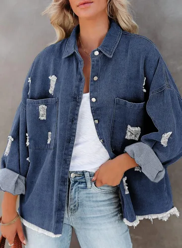 Vista 2 de EVALESS Chaqueta de mezclilla para mujer, desgastada, desgastada, desgastada, desgastada, elástica, con bolsillos