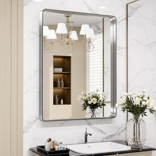 Vista 23 de LOAAO 20x16 Pulgadas Espejo de Baño con Marco de Metal Negro para Pared, Espejo de Tocador de Baño de Estilo Granja, Espejo Grande Rectangular