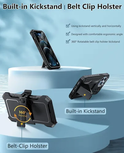 Vista 4 de FNTCASE Funda para iPhone 12-Pro-Max: con protector de pantalla integrado, soporte y funda con clip para cinturón, funda protectora militar