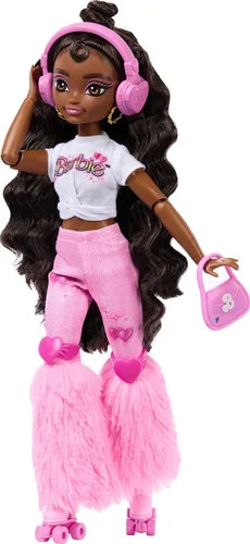 Vista 4 de Muñeca Barbie Dream Besties y accesorios, muñeca posable Barbie Brooklyn patinadora con temática de música y video con cabello castaño oscuro, 9