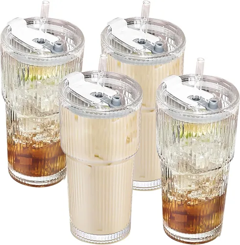 Vista 10 de Vaso de vidrio de 20 onzas con tapa y pajilla, taza para café helado acanalado transparente, vaso de vidrio de borosilicato, cristalería vintage