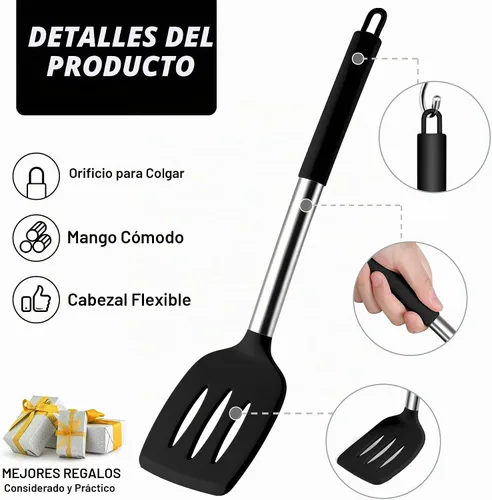 Vista 4 de Onader Juego de 10 utensilios de cocina de silicona, con soporte y mango de acero inoxidable resistente al calor para utensilios de cocina Negro