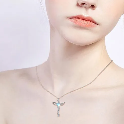 Vista 6 de Angel Necklace 925 Sterling Silver OpalMoonstoneBlue Crystal Angel Wings Cross Urn Pendant Necklace Hypoallergenic Moonstone Angel Cross Pendant