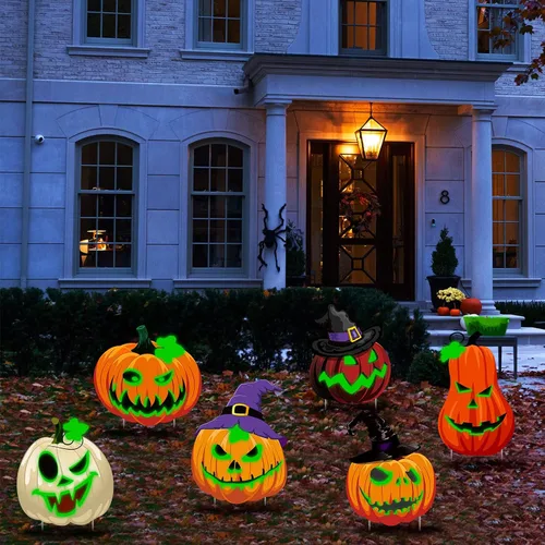 Vista 6 de Soaoo Paquete de 6 carteles fluorescentes de calabaza de Halloween de 16 pulgadas con estacas, caras espeluznantes y sombrero de bruja, letreros