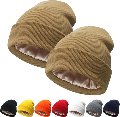 Vista 31 de NPQQUAN 2 PCS Satin Lined Beanie for Women Silk Lined Beanies Winter Warm Soft Lining Cuffed Knit Beanie Hats for Women