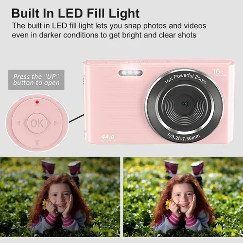 Vista 4 de Cámara digital de 44 MP – Apuntar y disparar compacta con tarjeta SD de 32 GB, zoom digital 16X, pantalla de 2.4 pulgadas – Cámara de vlogging