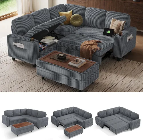 Vista 14 de LINSY HOME Sofá cama seccional con sofá cama extraíble para sala de estar (azul) Plush Corduroy