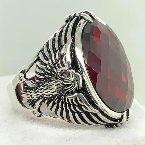 Vista 6 de Men Handmade Eagle Ring, Ruby Stone Ring, Silver Red Ruby Stone Ring, 925k Sterling Silver Ring, Handmade American Eagle Mens Ring