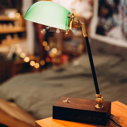 Vista 2 de Vintage Industrial Green Glass Table Lamp Modern Antique Brass and Wood Body Desk Light with Button Switch(Walnut,Short)