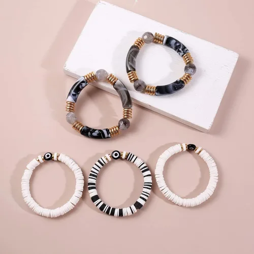 Vista 6 de Joya Love Brazalete de cuentas de verano con cara sonriente, ojo malvado, de bambú, acrílico, arcilla Heishi, pulseras de cuentas para mujer