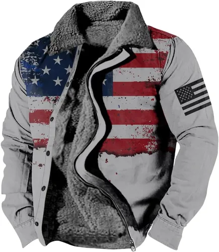 Vista 4 de LOAIHA Chaqueta de invierno para hombre, chaqueta de bandera estadounidense, abrigos occidentales para hombre, con cremallera, forro polar cálido