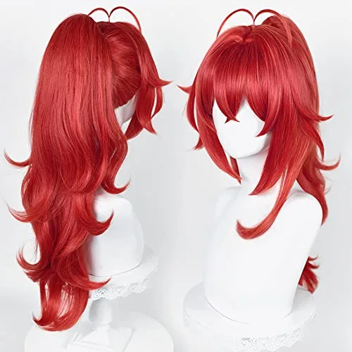 Vista 2 de LABEAUTÉ Peluca de cosplay con cola de caballo, color rojo, desmontable, peluca de cosplay para hombres