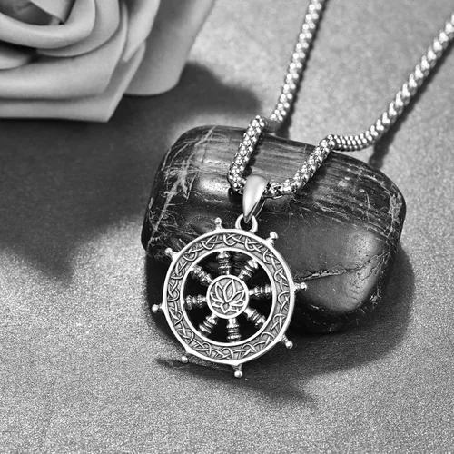 Vista 2 de KINGWHYTE Compass Necklace 925 Sterling Silver Mens Jewelry Pendant Necklace Black Necklace for Men Boys with Leather Cord Length 50cm