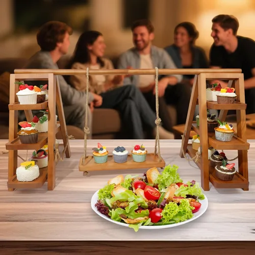 Vista 7 de Tnstbiee Soporte de Cupcake Rústico de 3 Niveles - Soporte de Madera para Pasteles, Postres y Frutas - Bandejas Desmontables y Diseño Plegable