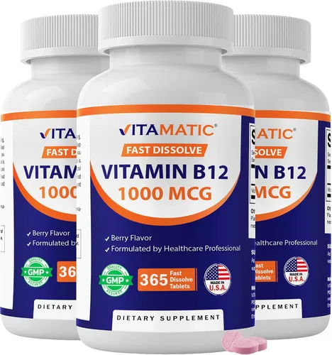 Vista 10 de Vitamatic Vitamina B12 1000 mcg de disolución rápida - 365 tabletas - Sabor natural de bayas - Apoya el metabolismo energético y la salud