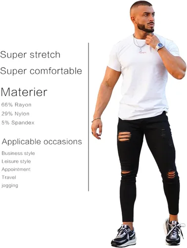 Vista 5 de Gingtto jeans entallados elásticos para hombre, de corte ajustado, rasgados, gastados