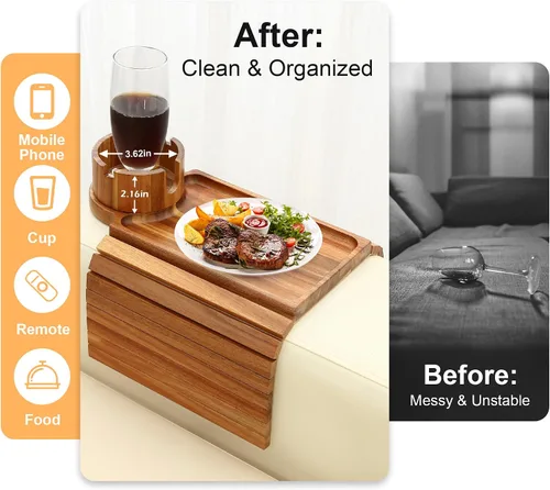 Vista 4 de Bandeja para portavasos de sofá, mesa de madera de acacia con soporte para teléfono, bandeja plegable grande para sofá para mesa de aperitivos