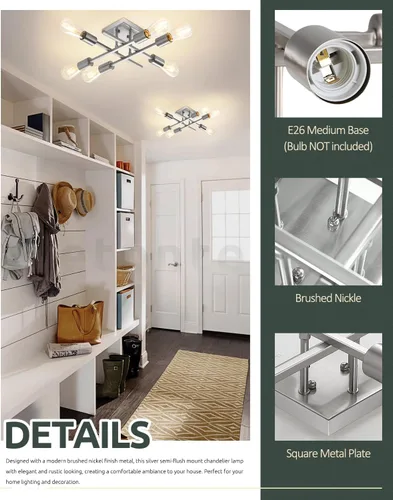 Vista 2 de Lámpara de techo semiempotrada de 6 luces, níquel cepillado industrial cerca del techo, moderna base E26 Sputnik lámpara de techo para cocina