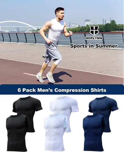 Vista 5 de Paquete de 46 camisetas de compresión y camisetas sin mangas para hombre, camiseta atlética de manga cortasin mangas para deportes