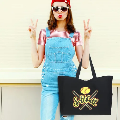Vista 5 de Hillban 2 piezas de softbol bolsa de maquillaje de softbol bolsa de lona casual de gran tamaño bolsa de cosméticos bolsa grande deportes mamá bolsa
