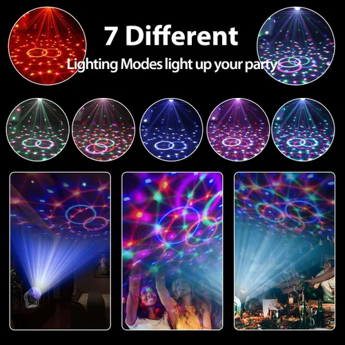 Vista 6 de Luces de fiesta de bola de discoteca para DJ, activadas por sonido, con control remoto, lámpara estroboscópica, 7 modos, luz de escenario