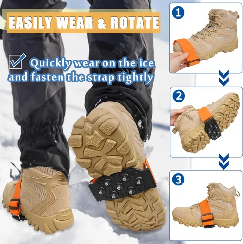 Vista 5 de Tacos de hielo de suela media para zapatos y botas, crampón antideslizante con 7 tacos de tungsteno, correas ajustables para un agarre seguro