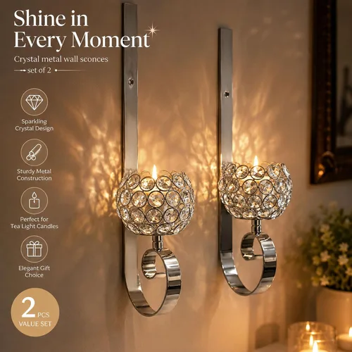 Vista 6 de Crystal Candle Sconces for Wall Metal Candle Holders for Wall Home Décor