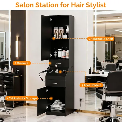 Vista 4 de OmySalon Estación de peluquería, estaciones de peluquería con estante de almacenamiento de 2 niveles con puerta, gabinete de almacenamiento