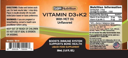 Vista 3 de SBR Nutrition Máxima absorción, vitamina D3 + K2 (MK-7) gotas líquidas con aceite MCT, sin sabor, ayuda a apoyar huesos fuertes y corazón saludable