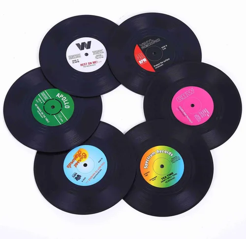 Vista 9 de Divertidos posavasos retro de discos para bebidas con soporte para reproductor de vinilo para amantes de la música, juego de 6 posavasos