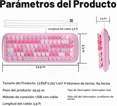Vista 6 de Lomiluskr Lindo teclado mecánico con cable colorido para niñas y niños, teclas redondas, 84 teclas compactas, 10 efectos de iluminación Azul