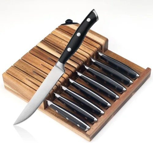 Vista 8 de Alata Juego de cuchillos para carne de 8 piezas, 4.7 pulgadas con borde dentado, cuchillos afilados para cena, construcción de espiga completa Negro